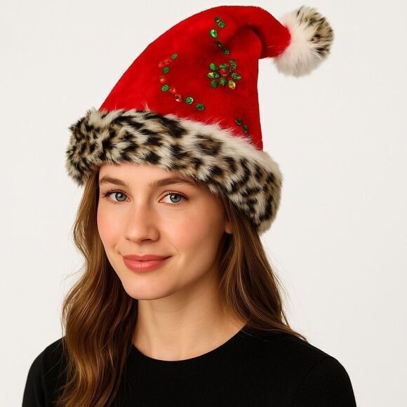 Red Santa Hat with Leopard Faux Fur Trim & Rhinestone Sequin Accents – Holiday C - Picture 6 of 6